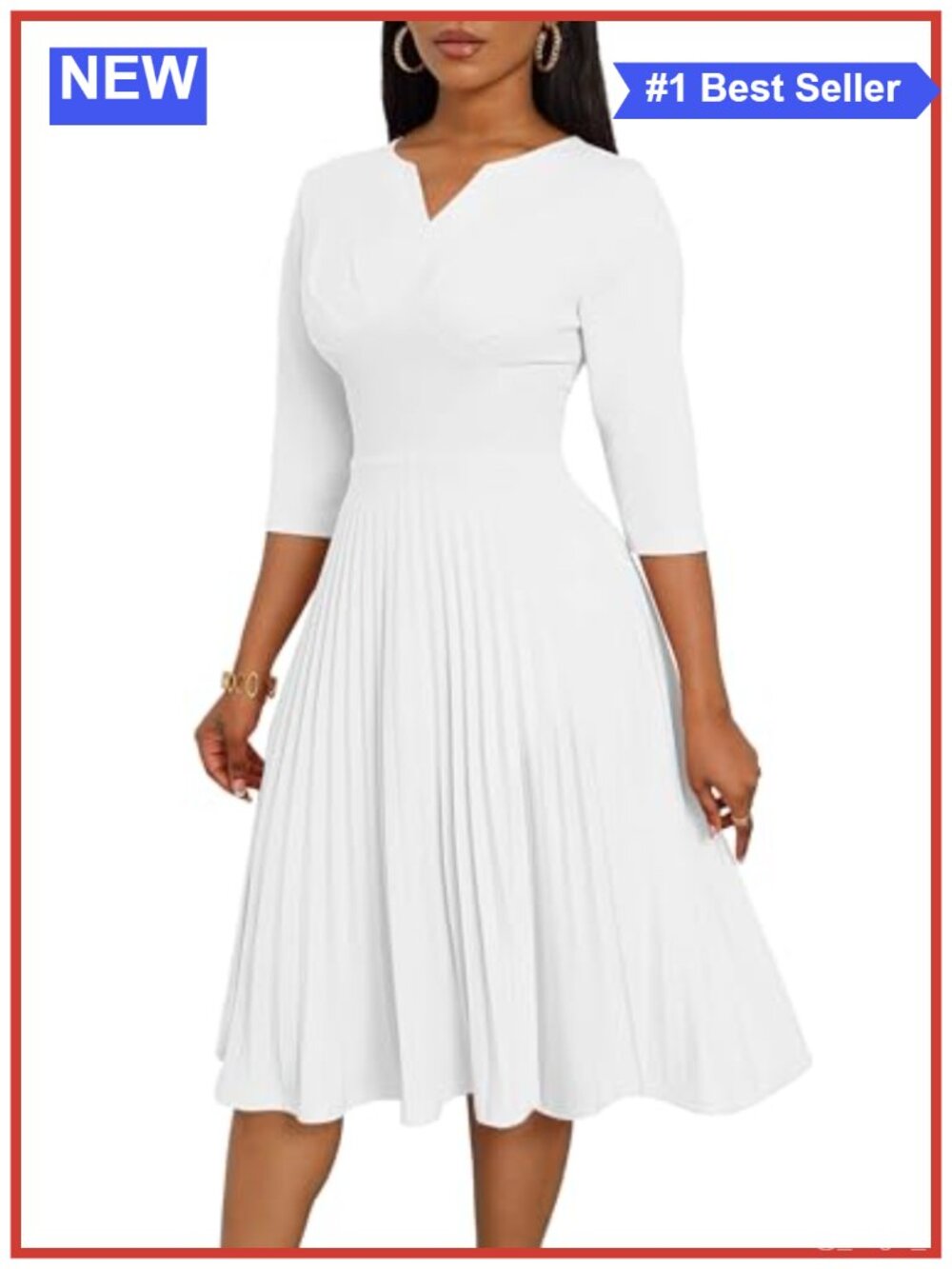 Pleated Midi Dress 3/4 Sleeve V-Neck Empire Waist A-Line with Pockets